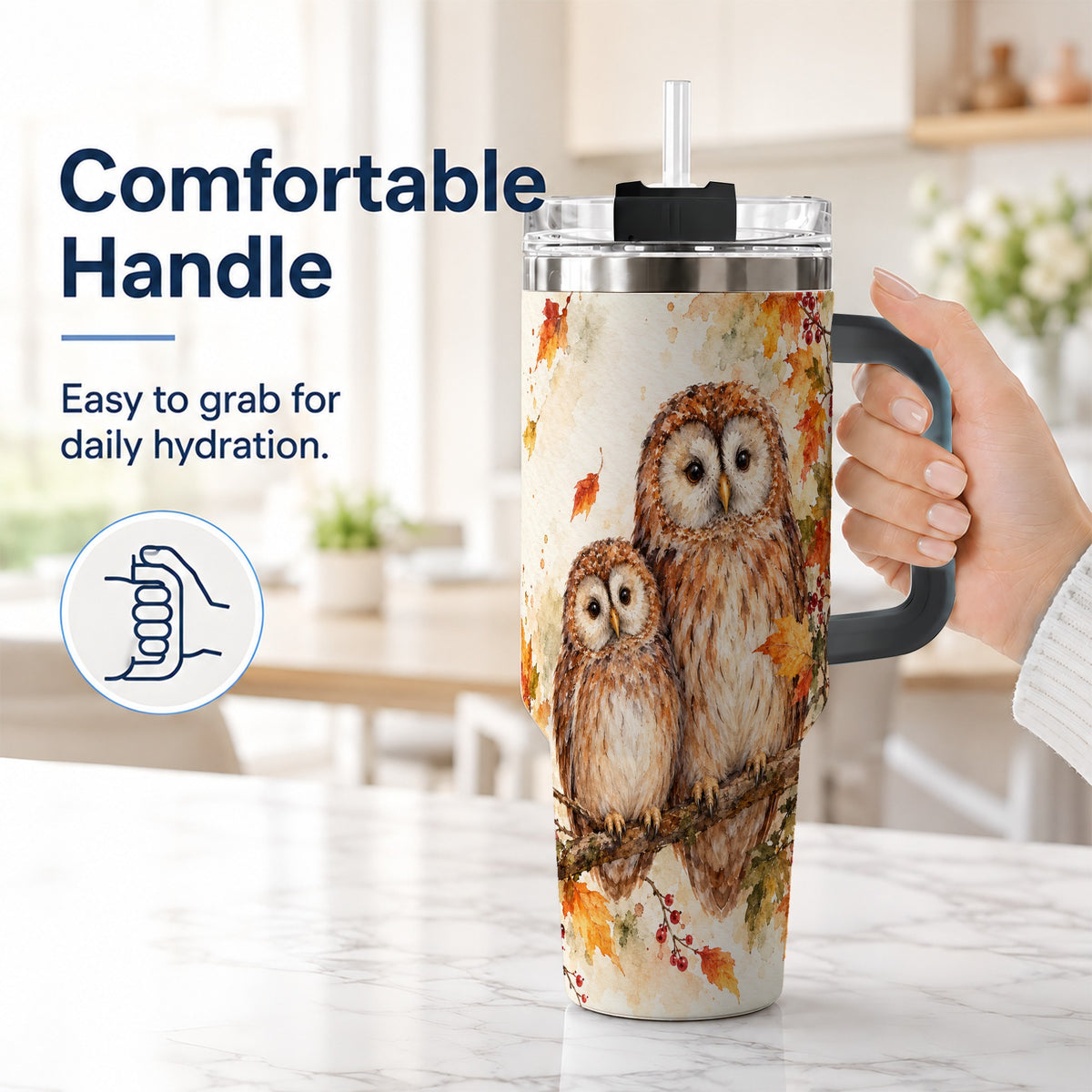#pl[40oz|Black] Watercolor Owl 40oz Tumbler, Owl Tumbler, Stainless Steel Travel Cup
