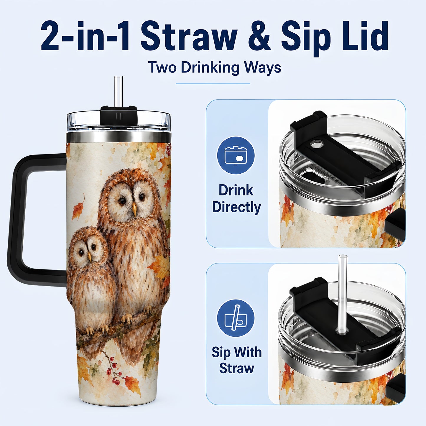 #pl[40oz|Black] Watercolor Owl 40oz Tumbler, Owl Tumbler, Stainless Steel Travel Cup