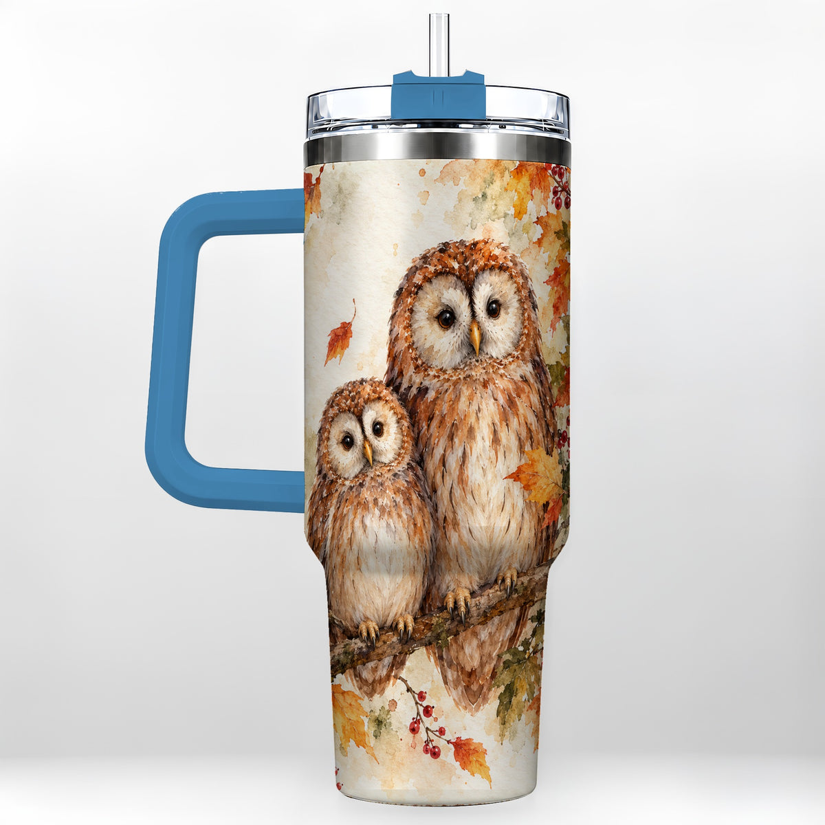 #pl[40oz|Blue] Watercolor Owl 40oz Tumbler, Owl Tumbler, Stainless Steel Travel Cup