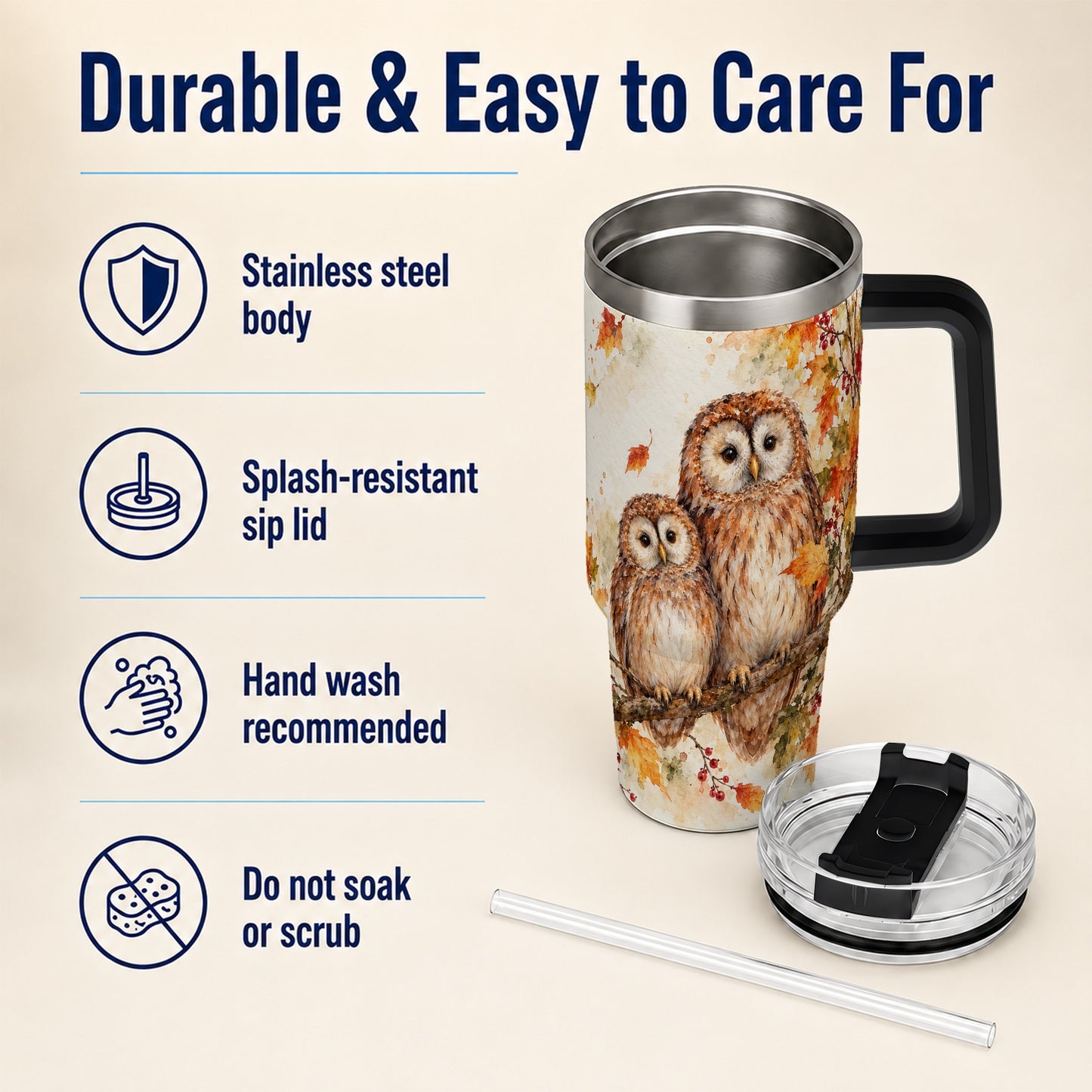 #pl[40oz|Black] Watercolor Owl 40oz Tumbler, Owl Tumbler, Stainless Steel Travel Cup