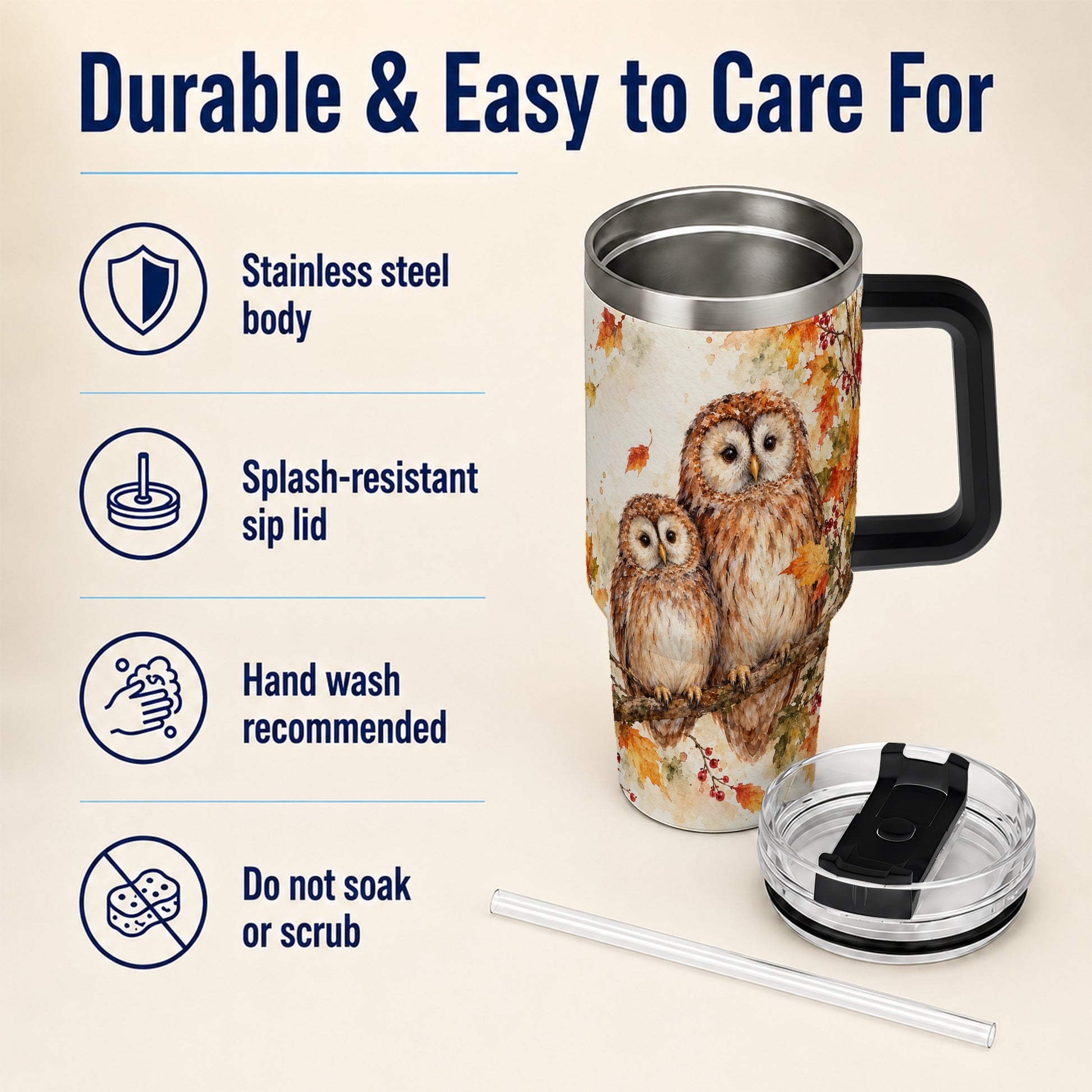 #pl[40oz|Black] Watercolor Owl 40oz Tumbler, Owl Tumbler, Stainless Steel Travel Cup