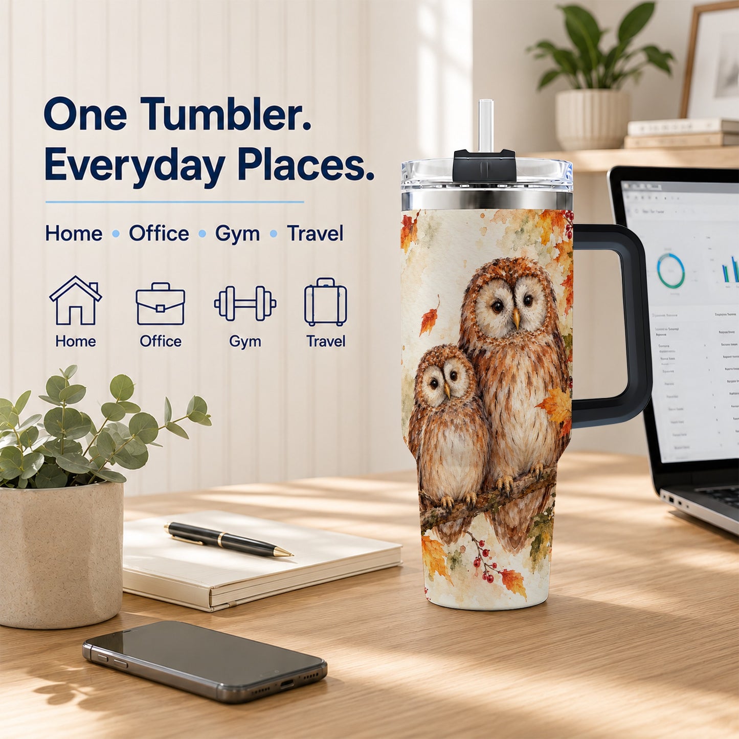 #pl[40oz|Black] Watercolor Owl 40oz Tumbler, Owl Tumbler, Stainless Steel Travel Cup