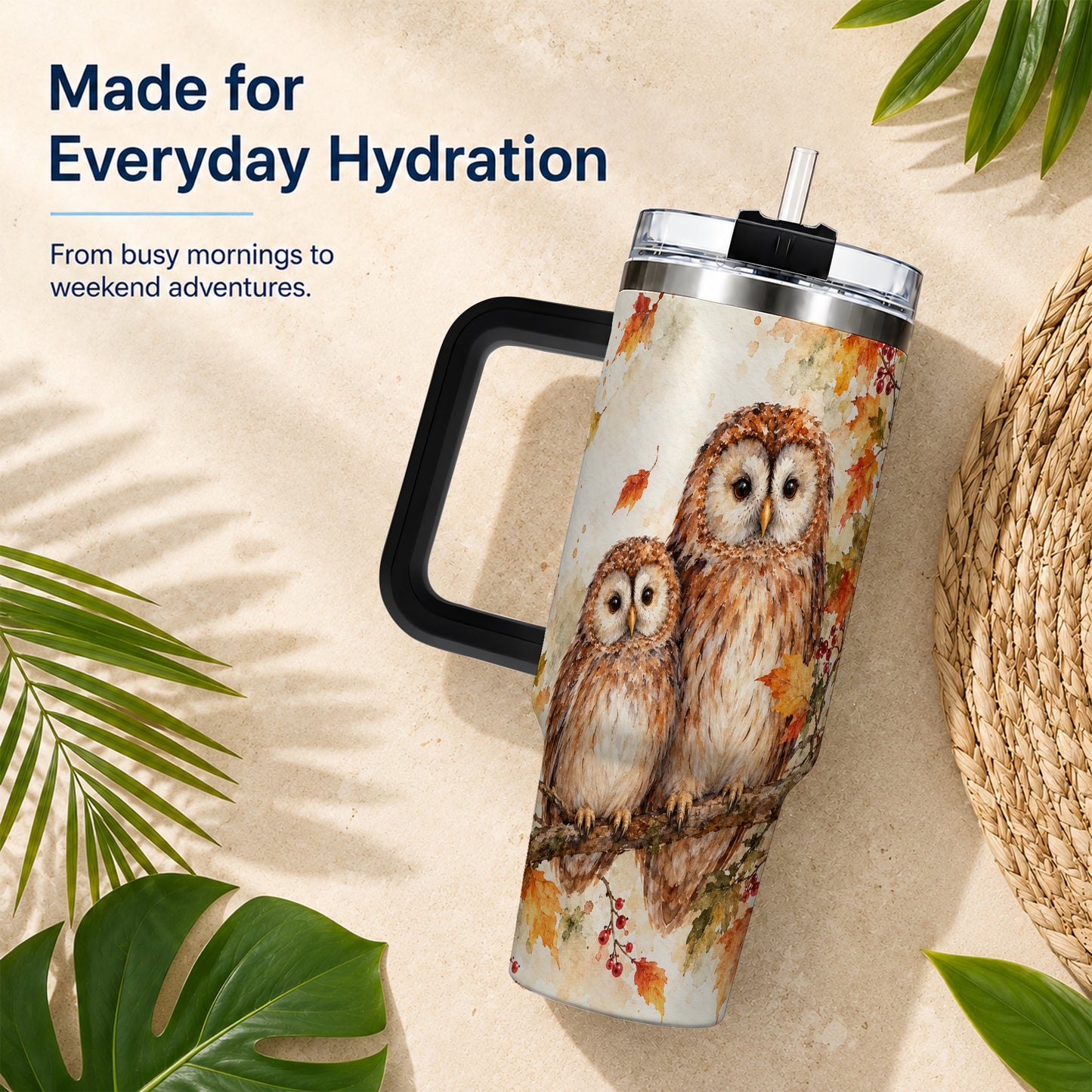 #pl[40oz|Black] Watercolor Owl 40oz Tumbler, Owl Tumbler, Stainless Steel Travel Cup