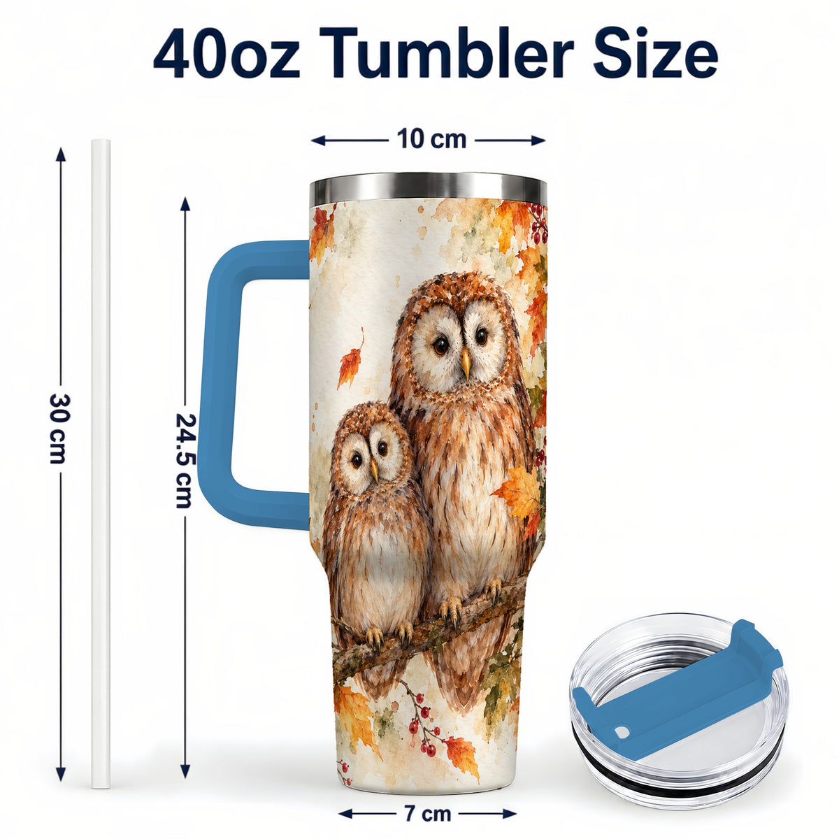 #pl[40oz|Blue] Watercolor Owl 40oz Tumbler, Owl Tumbler, Stainless Steel Travel Cup