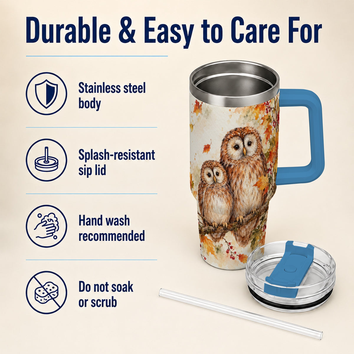 #pl[40oz|Blue] Watercolor Owl 40oz Tumbler, Owl Tumbler, Stainless Steel Travel Cup