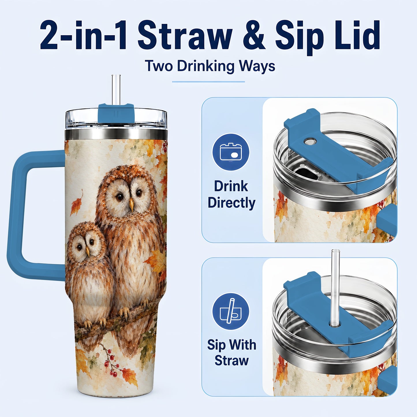 #pl[40oz|Blue] Watercolor Owl 40oz Tumbler, Owl Tumbler, Stainless Steel Travel Cup