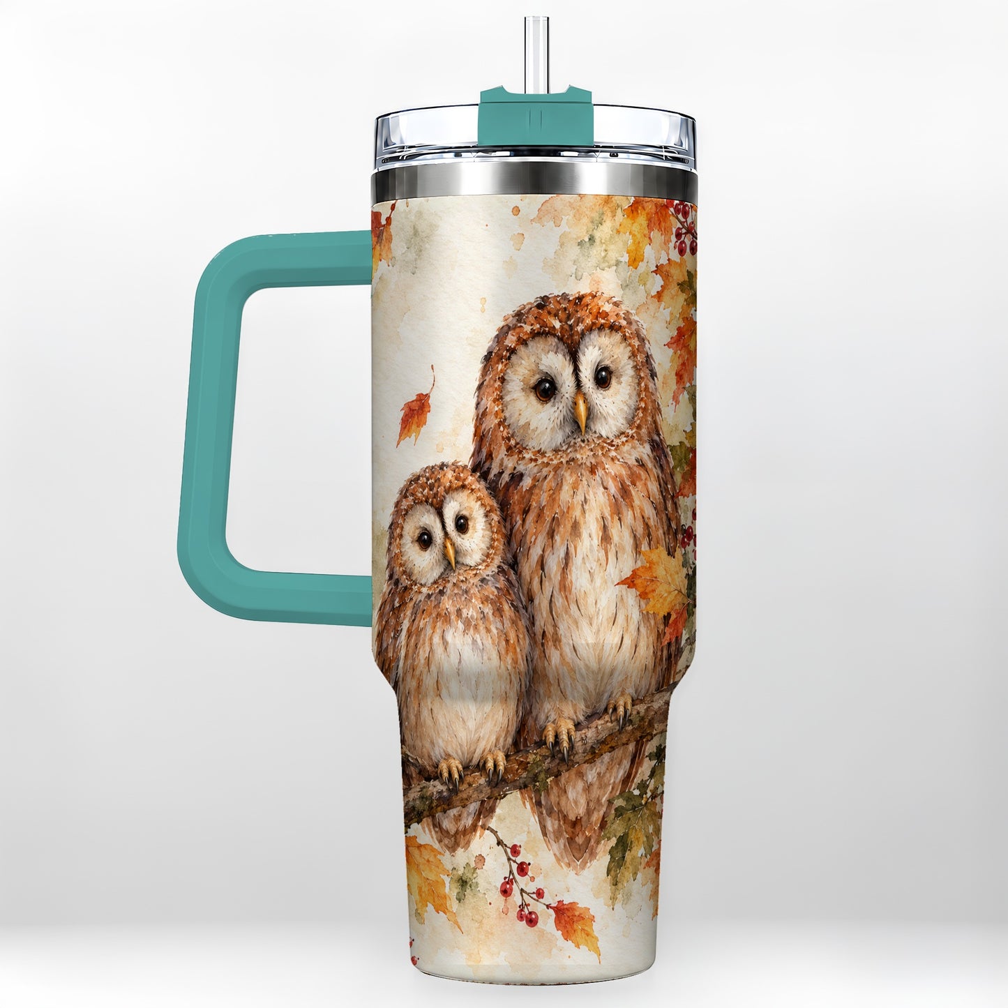 #pl[40oz|Green] Watercolor Owl 40oz Tumbler, Owl Tumbler, Stainless Steel Travel Cup