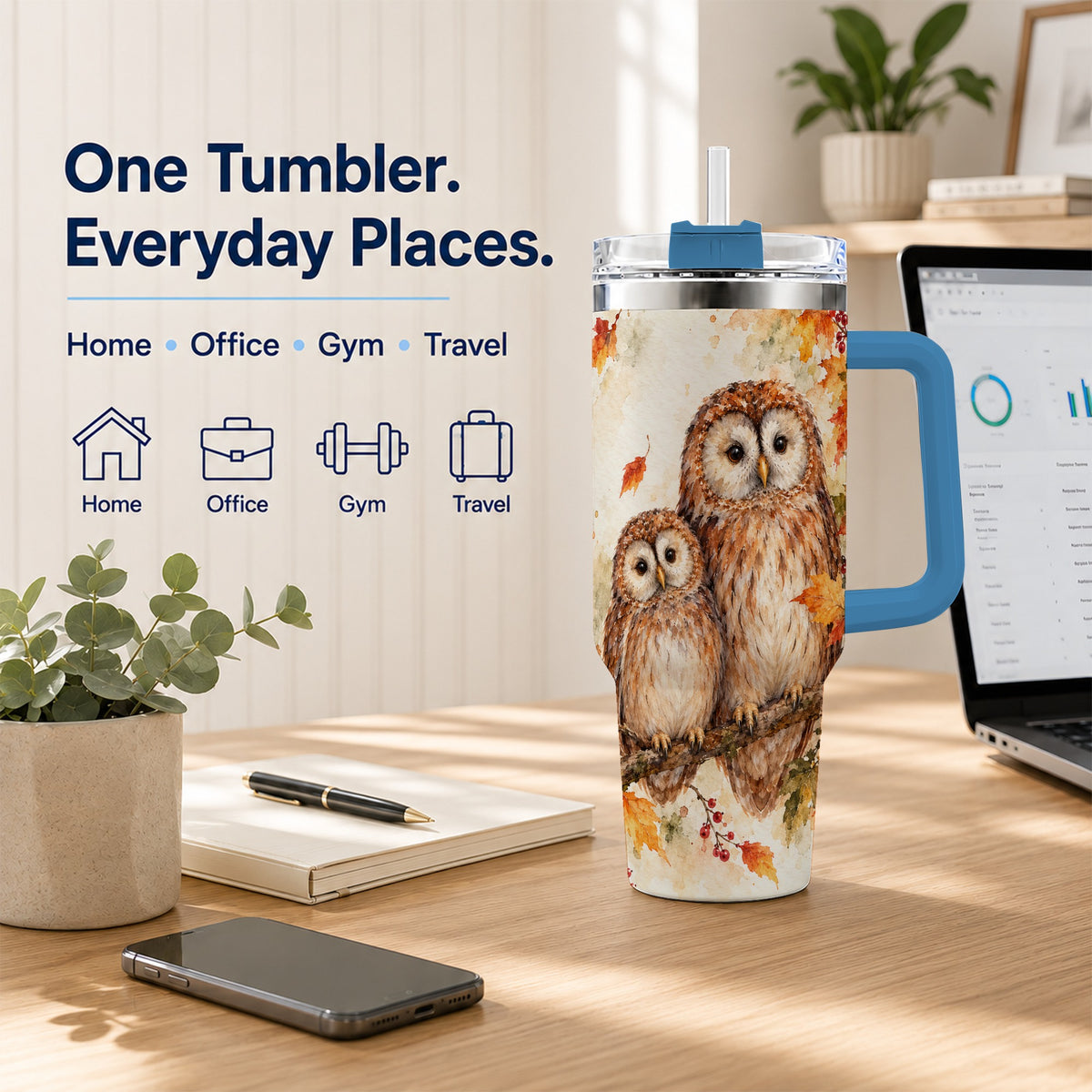 #pl[40oz|Blue] Watercolor Owl 40oz Tumbler, Owl Tumbler, Stainless Steel Travel Cup