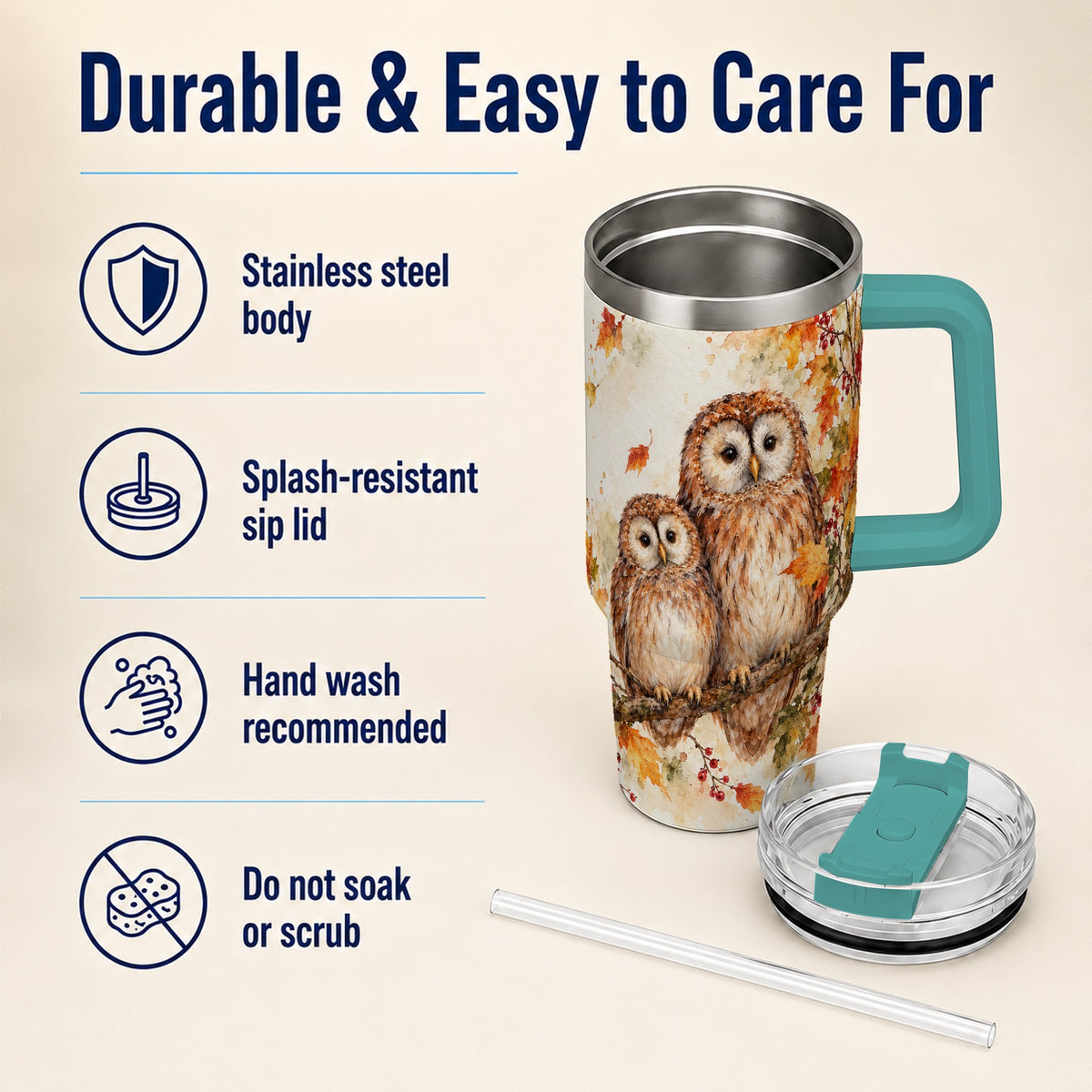 #pl[40oz|Green] Watercolor Owl 40oz Tumbler, Owl Tumbler, Stainless Steel Travel Cup