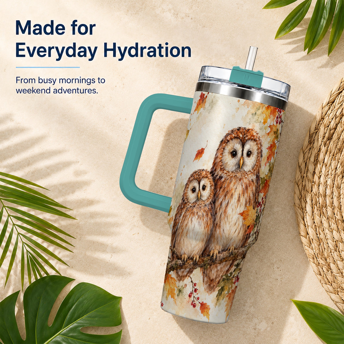#pl[40oz|Green] Watercolor Owl 40oz Tumbler, Owl Tumbler, Stainless Steel Travel Cup