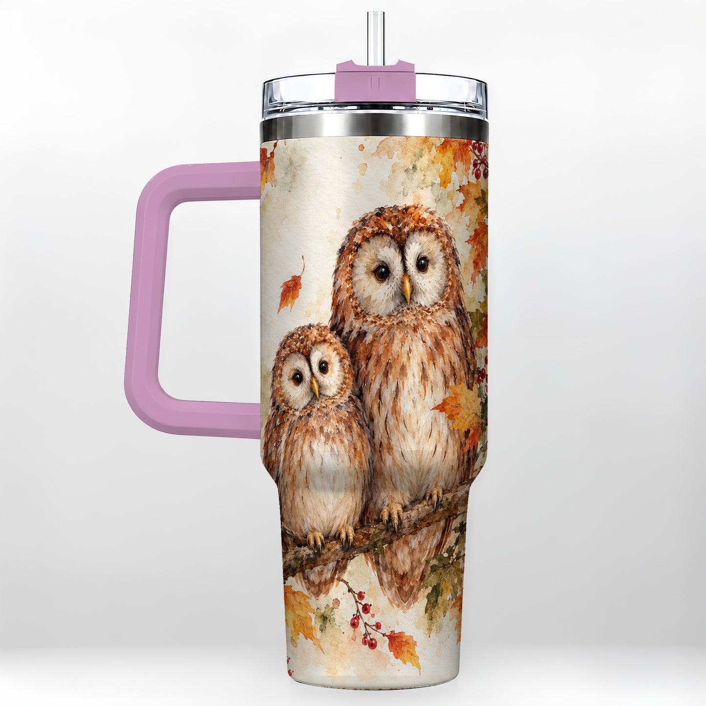 #pl[40oz|Pink] Watercolor Owl 40oz Tumbler, Owl Tumbler, Stainless Steel Travel Cup