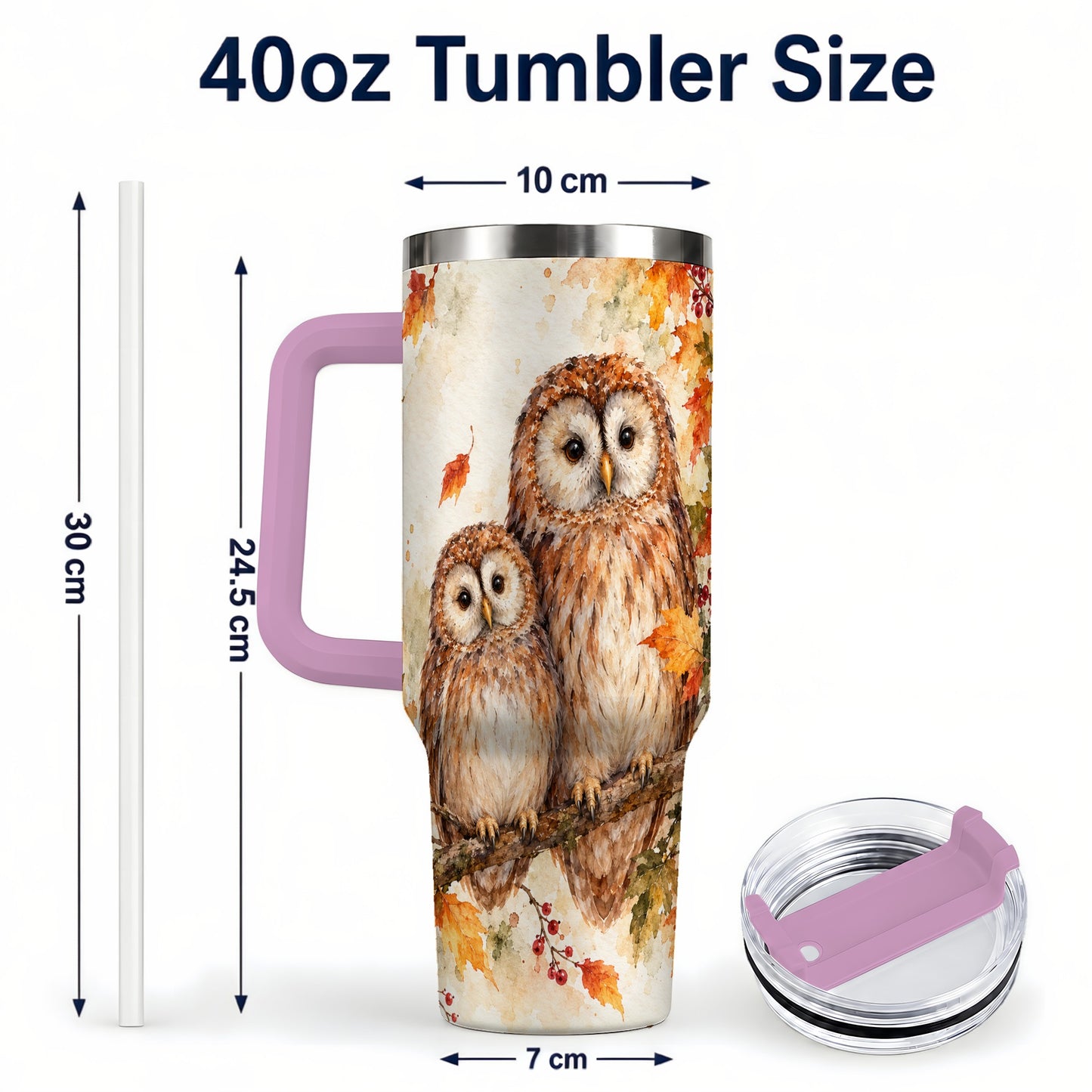 #pl[40oz|Pink] Watercolor Owl 40oz Tumbler, Owl Tumbler, Stainless Steel Travel Cup