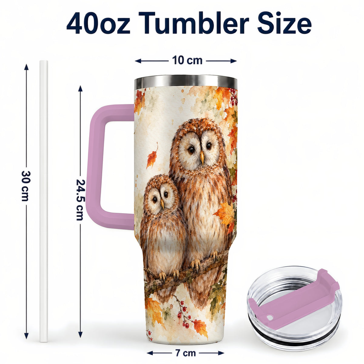 #pl[40oz|Pink] Watercolor Owl 40oz Tumbler, Owl Tumbler, Stainless Steel Travel Cup