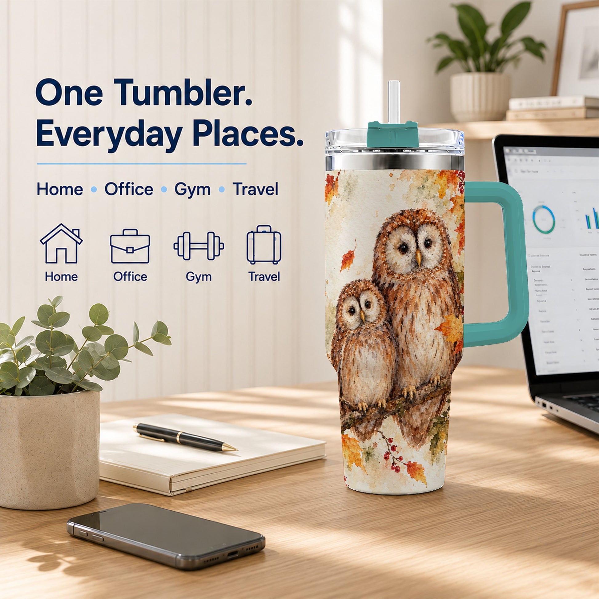 #pl[40oz|Green] Watercolor Owl 40oz Tumbler, Owl Tumbler, Stainless Steel Travel Cup