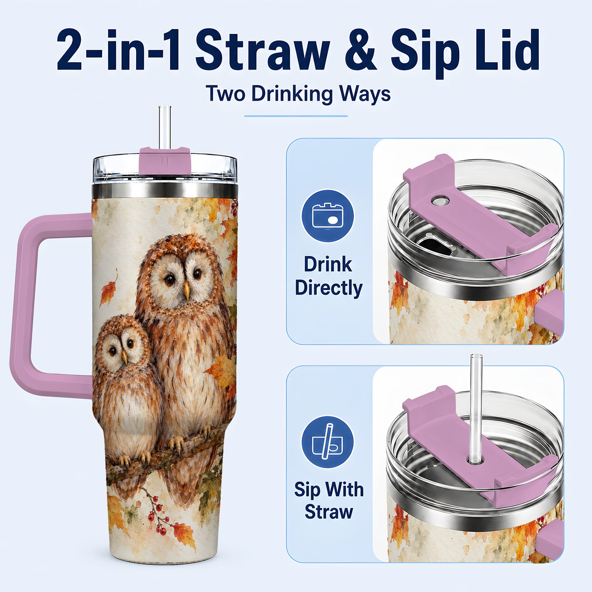 #pl[40oz|Pink] Watercolor Owl 40oz Tumbler, Owl Tumbler, Stainless Steel Travel Cup