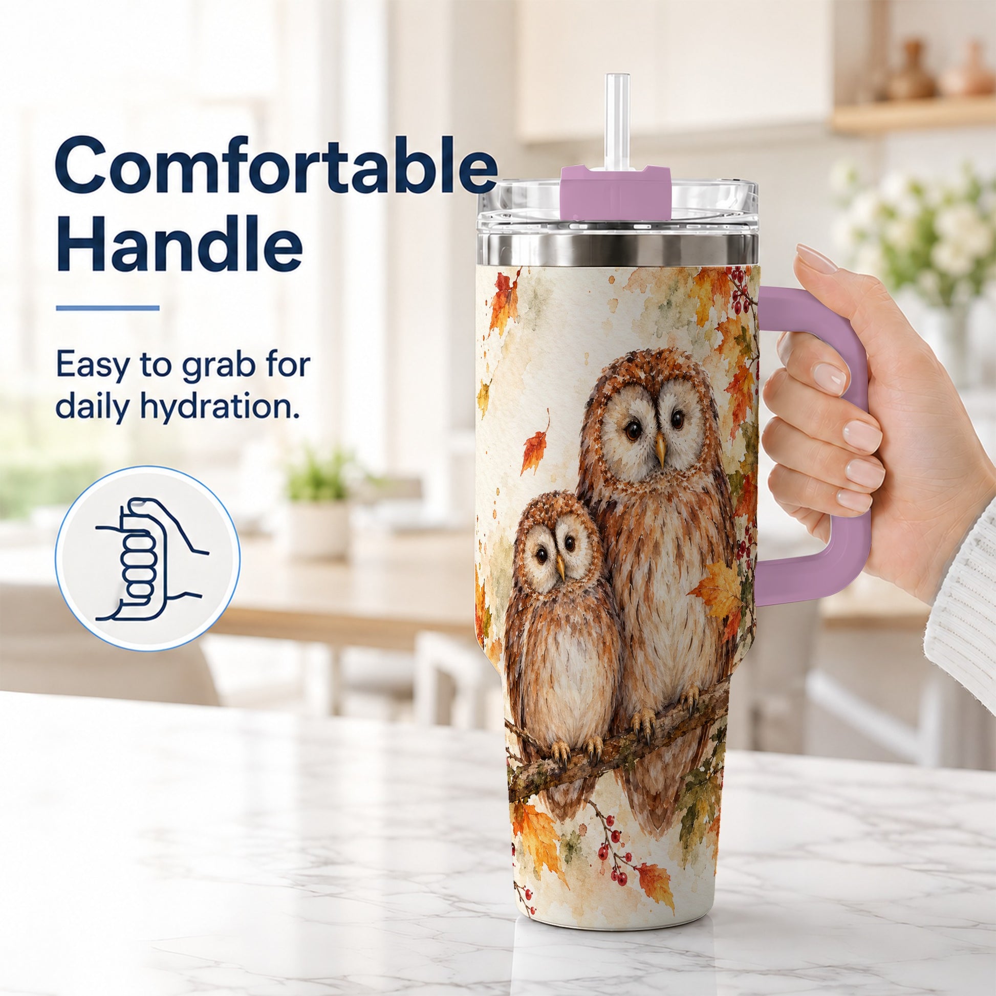 #pl[40oz|Pink] Watercolor Owl 40oz Tumbler, Owl Tumbler, Stainless Steel Travel Cup