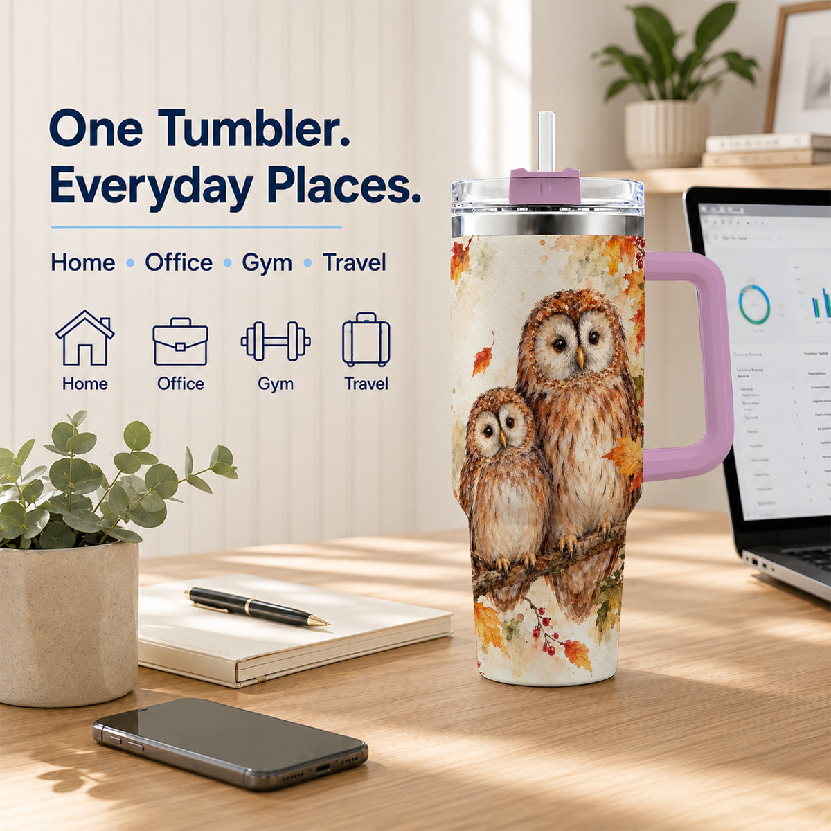 #pl[40oz|Pink] Watercolor Owl 40oz Tumbler, Owl Tumbler, Stainless Steel Travel Cup