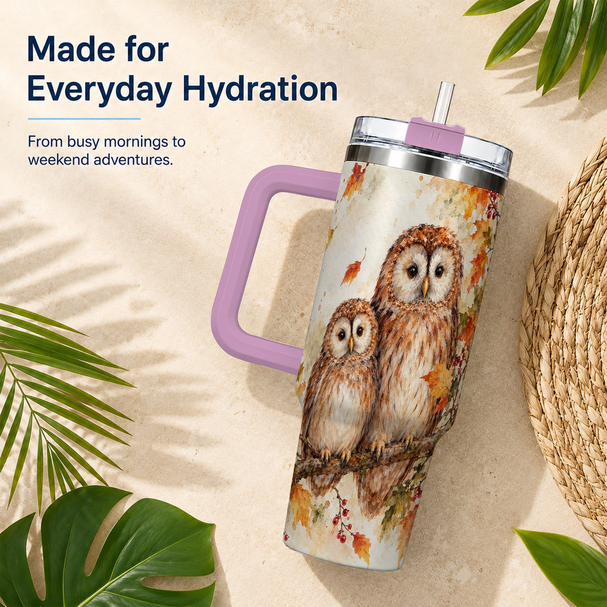 #pl[40oz|Pink] Watercolor Owl 40oz Tumbler, Owl Tumbler, Stainless Steel Travel Cup