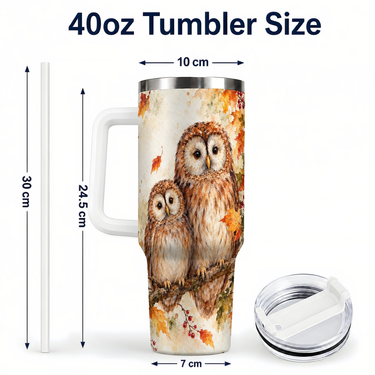 #pl[40oz|White] Watercolor Owl 40oz Tumbler, Owl Tumbler, Stainless Steel Travel Cup
