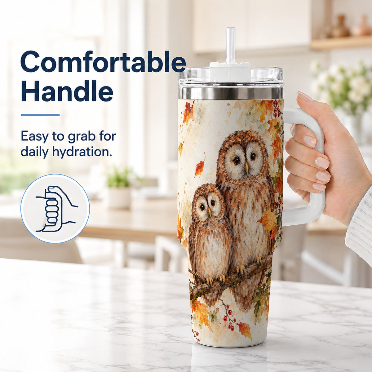 #pl[40oz|White] Watercolor Owl 40oz Tumbler, Owl Tumbler, Stainless Steel Travel Cup