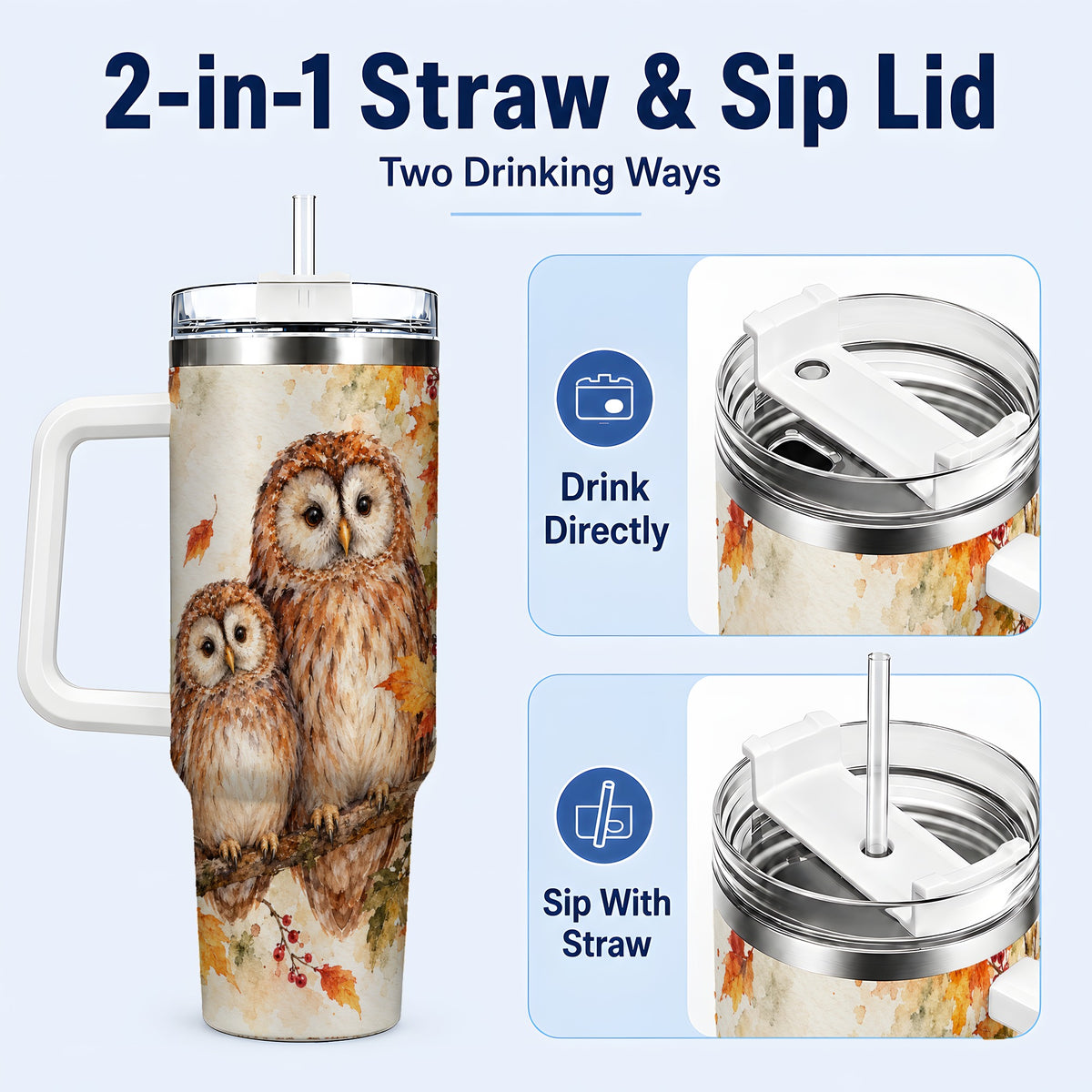 #pl[40oz|White] Watercolor Owl 40oz Tumbler, Owl Tumbler, Stainless Steel Travel Cup