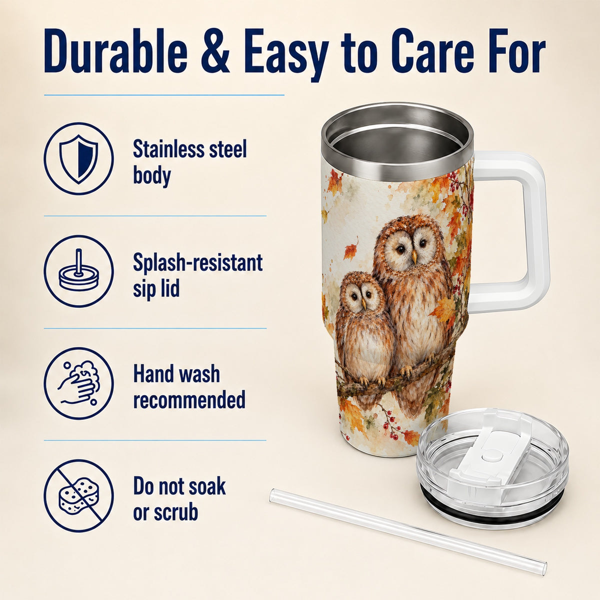 #pl[40oz|White] Watercolor Owl 40oz Tumbler, Owl Tumbler, Stainless Steel Travel Cup