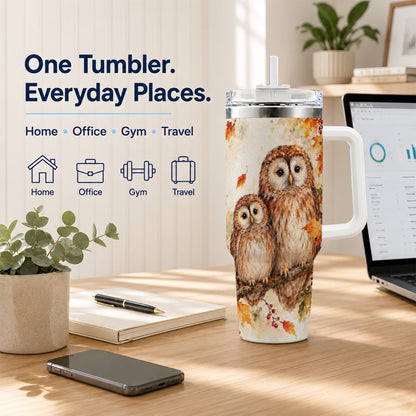 #pl[40oz|White] Watercolor Owl 40oz Tumbler, Owl Tumbler, Stainless Steel Travel Cup
