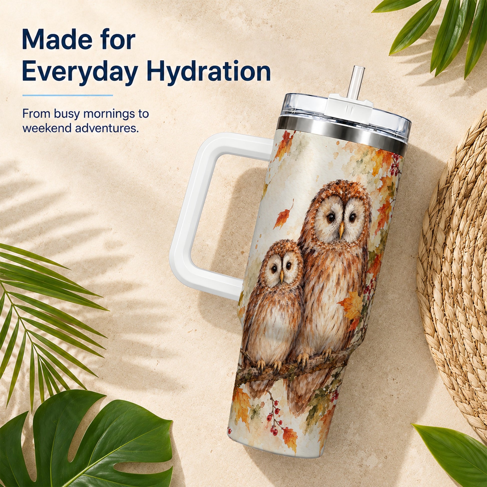 #pl[40oz|White] Watercolor Owl 40oz Tumbler, Owl Tumbler, Stainless Steel Travel Cup