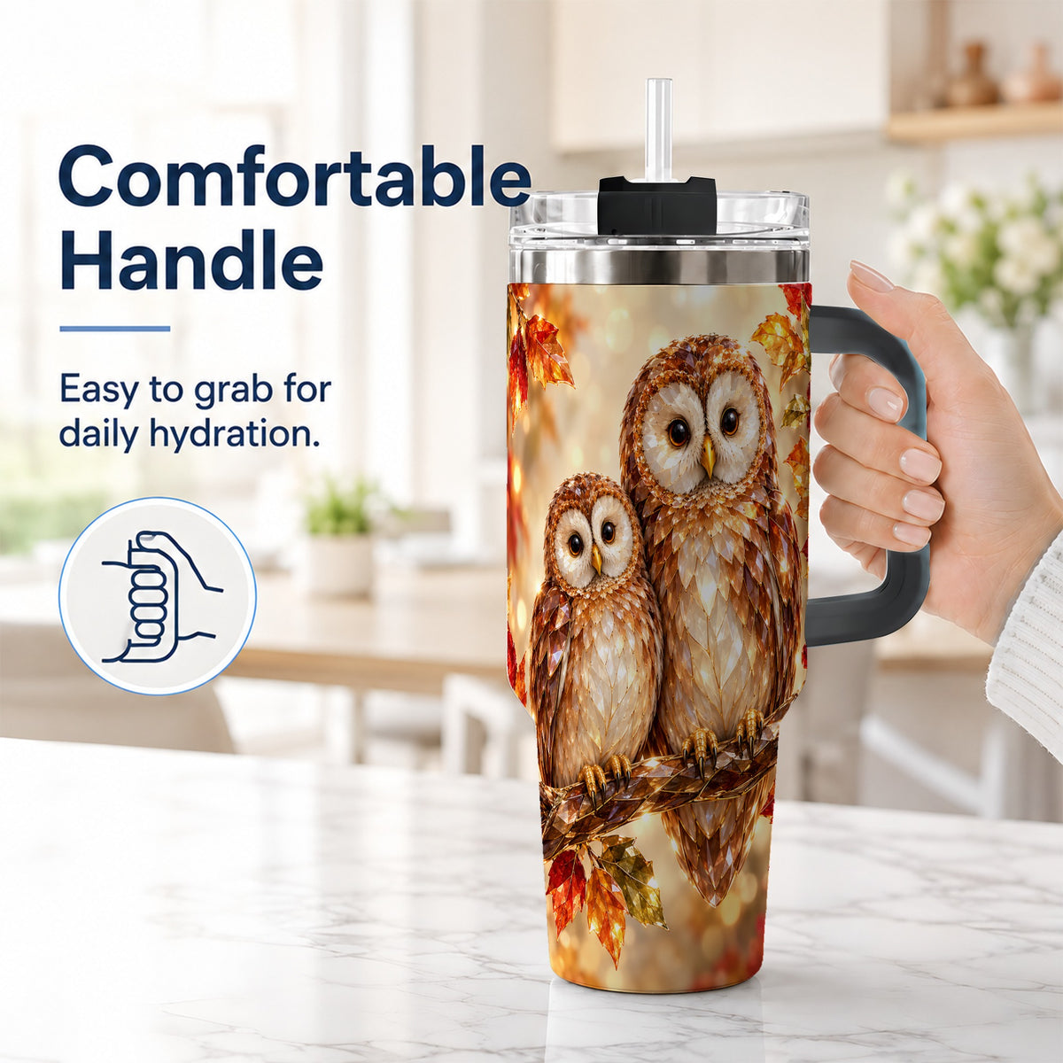 #pl[40oz|Black] Faceted Owl Pair 40oz Tumbler, Owl Tumbler, Stainless Steel Travel Cup