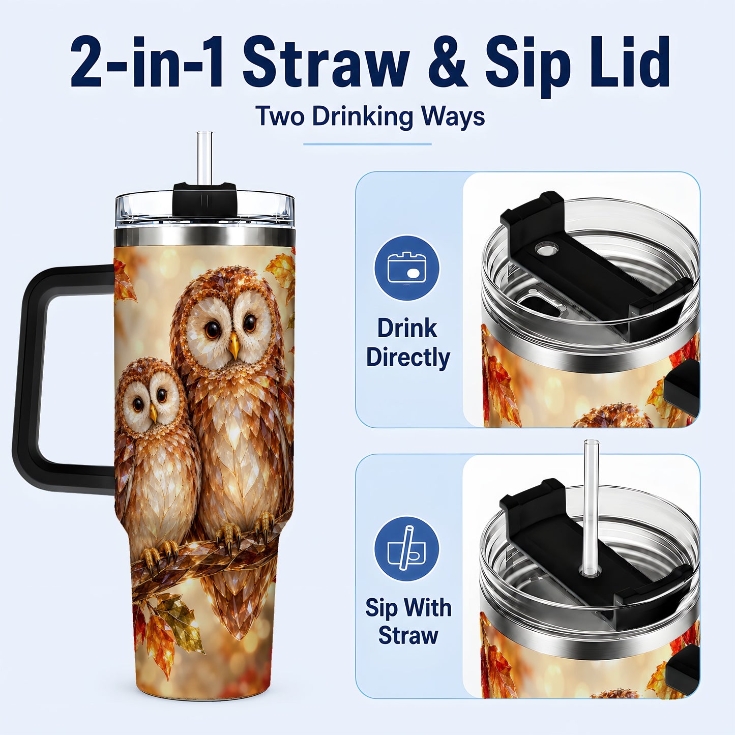 #pl[40oz|Black] Faceted Owl Pair 40oz Tumbler, Owl Tumbler, Stainless Steel Travel Cup
