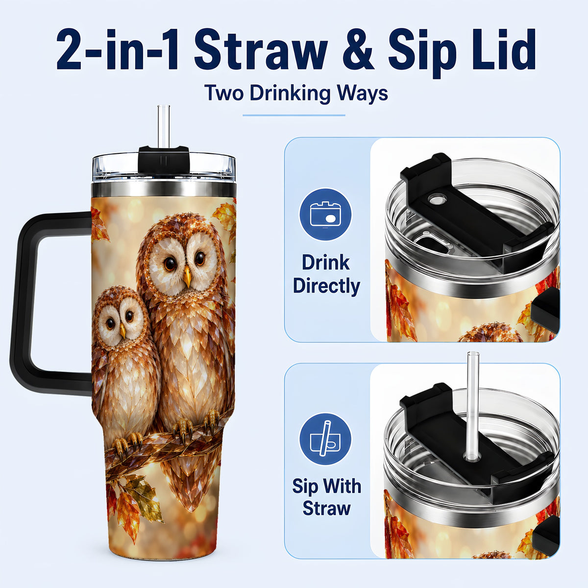 #pl[40oz|Black] Faceted Owl Pair 40oz Tumbler, Owl Tumbler, Stainless Steel Travel Cup