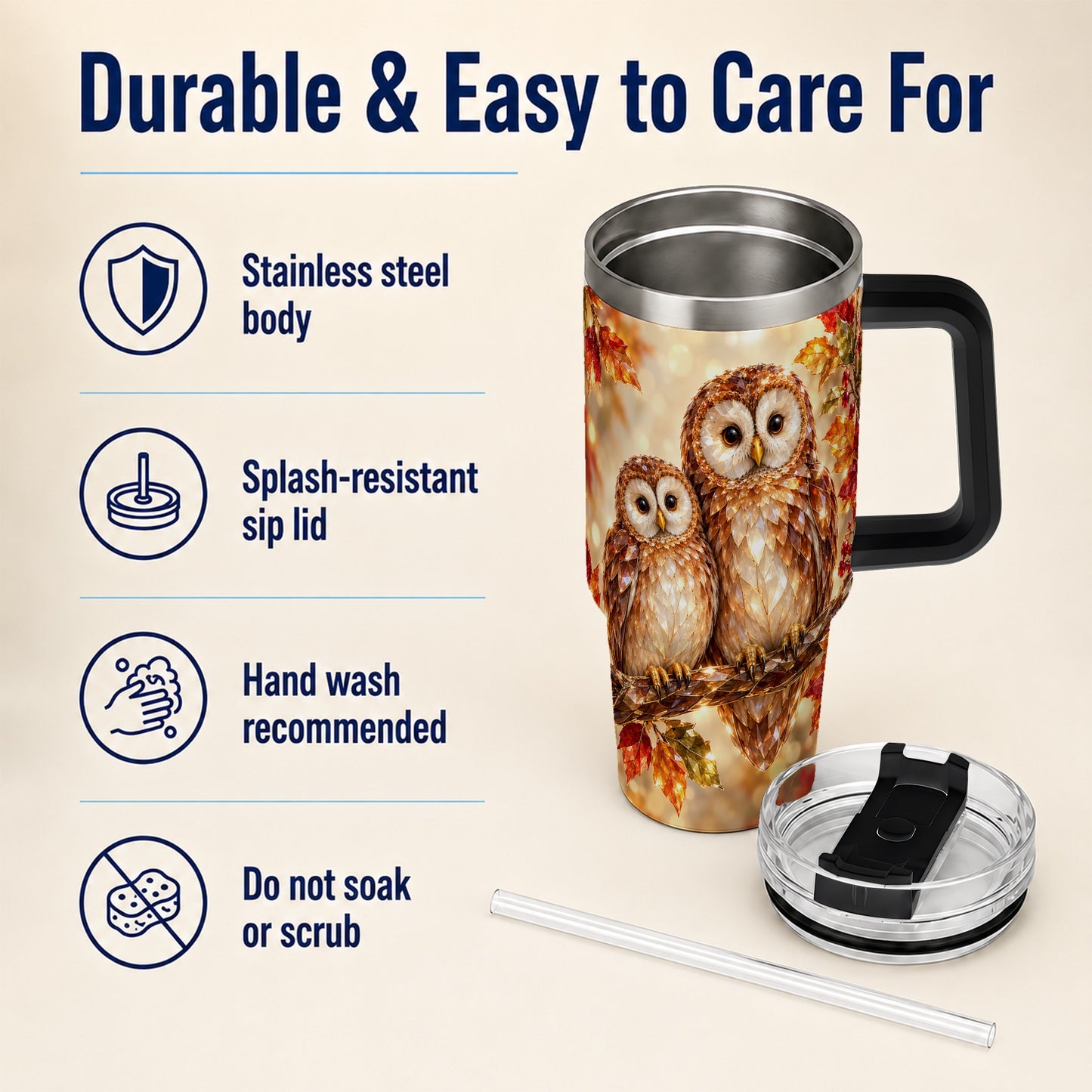 #pl[40oz|Black] Faceted Owl Pair 40oz Tumbler, Owl Tumbler, Stainless Steel Travel Cup