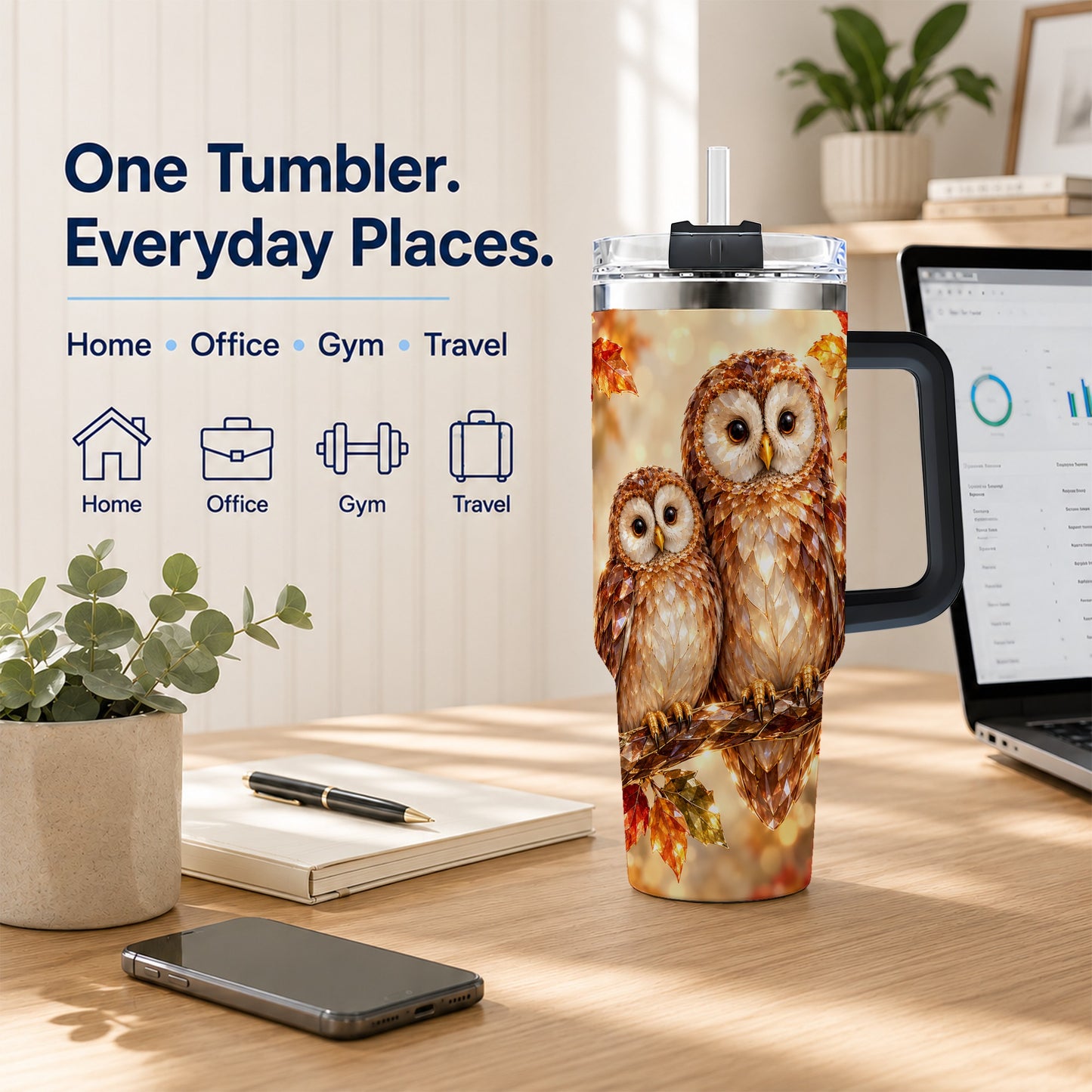 #pl[40oz|Black] Faceted Owl Pair 40oz Tumbler, Owl Tumbler, Stainless Steel Travel Cup