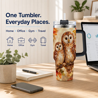 #pl[40oz|Black] Faceted Owl Pair 40oz Tumbler, Owl Tumbler, Stainless Steel Travel Cup