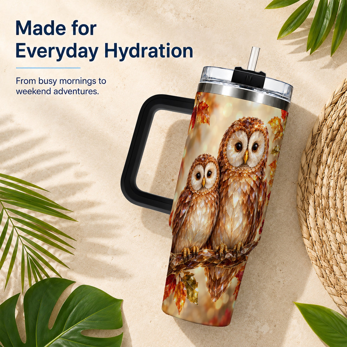 #pl[40oz|Black] Faceted Owl Pair 40oz Tumbler, Owl Tumbler, Stainless Steel Travel Cup