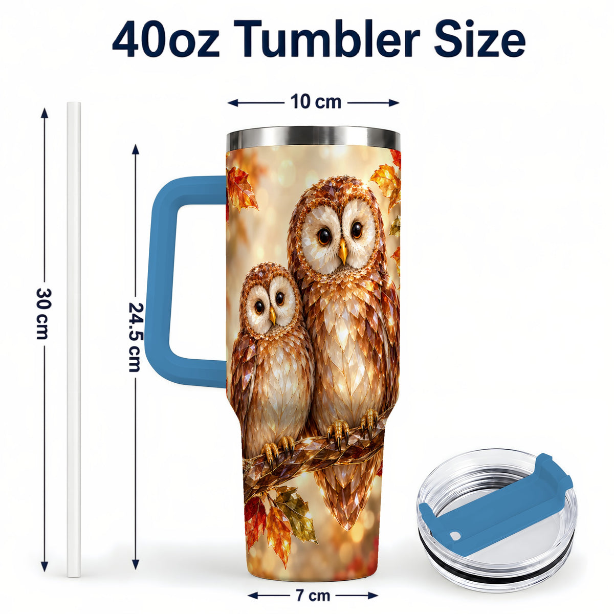 #pl[40oz|Blue] Faceted Owl Pair 40oz Tumbler, Owl Tumbler, Stainless Steel Travel Cup