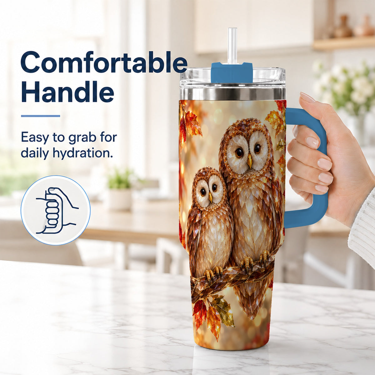 #pl[40oz|Blue] Faceted Owl Pair 40oz Tumbler, Owl Tumbler, Stainless Steel Travel Cup