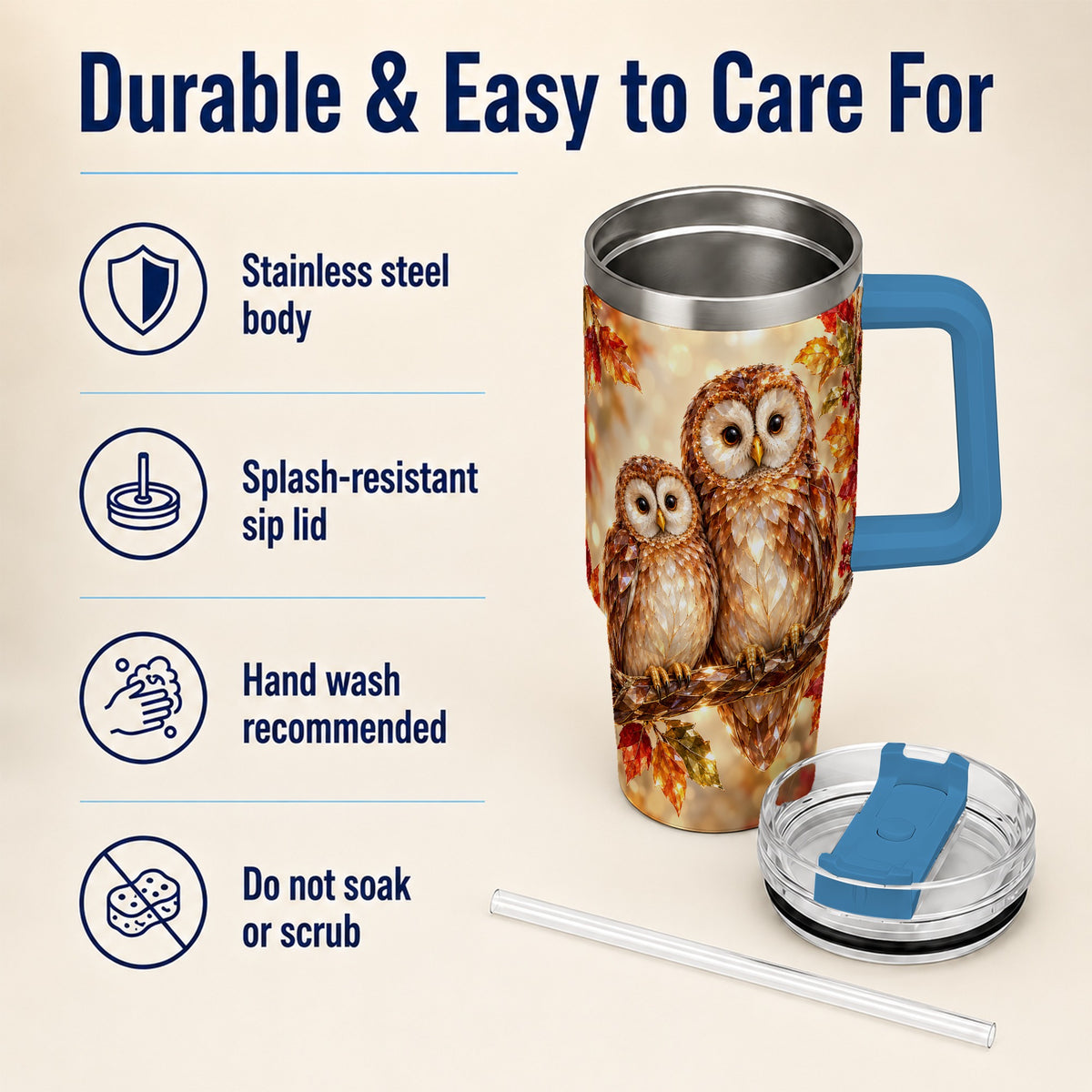 #pl[40oz|Blue] Faceted Owl Pair 40oz Tumbler, Owl Tumbler, Stainless Steel Travel Cup