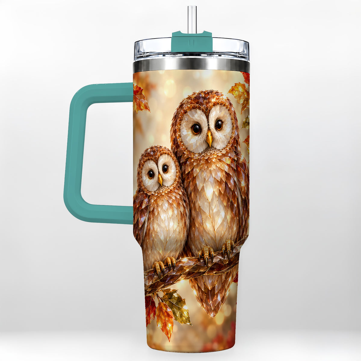 #pl[40oz|Green] Faceted Owl Pair 40oz Tumbler, Owl Tumbler, Stainless Steel Travel Cup