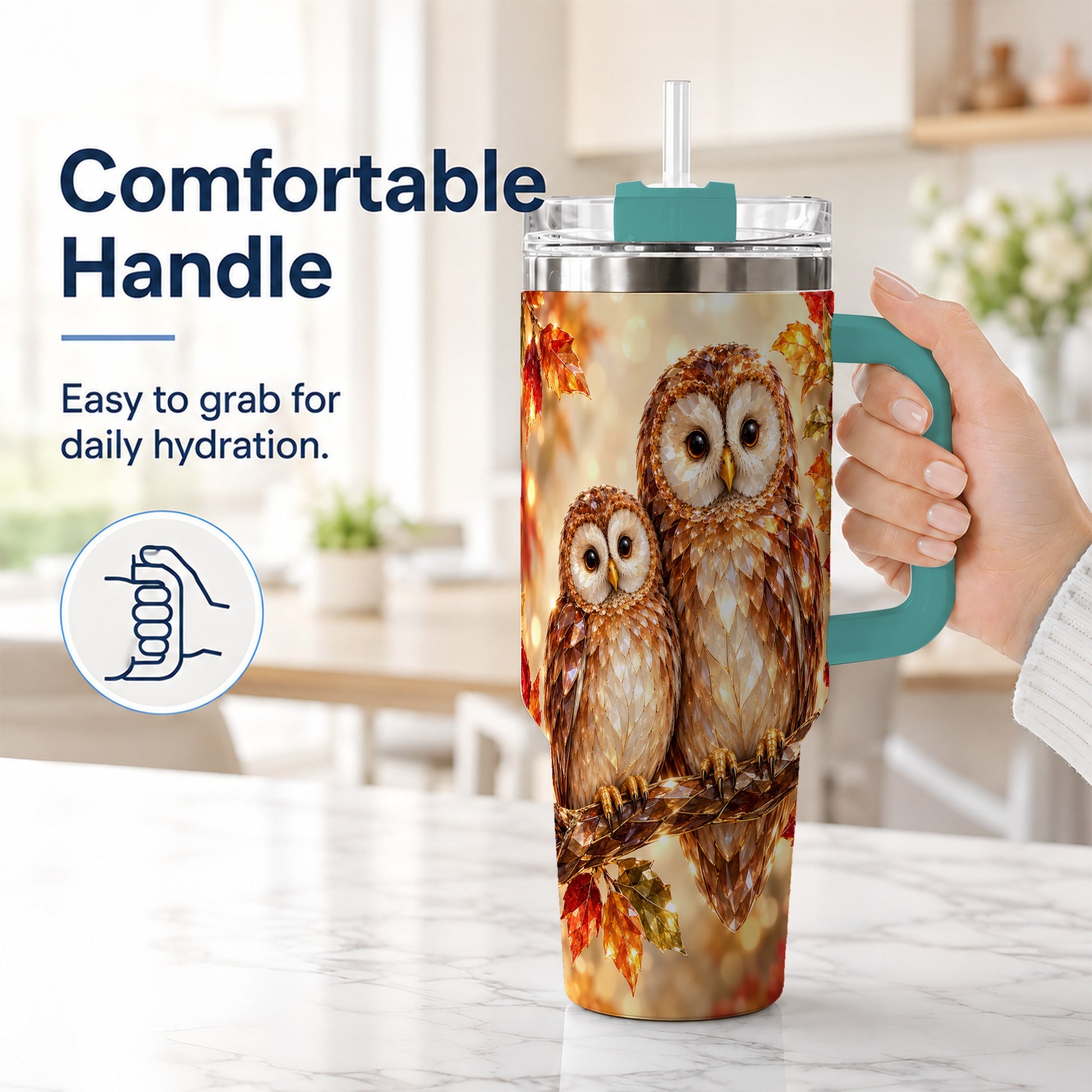 #pl[40oz|Green] Faceted Owl Pair 40oz Tumbler, Owl Tumbler, Stainless Steel Travel Cup