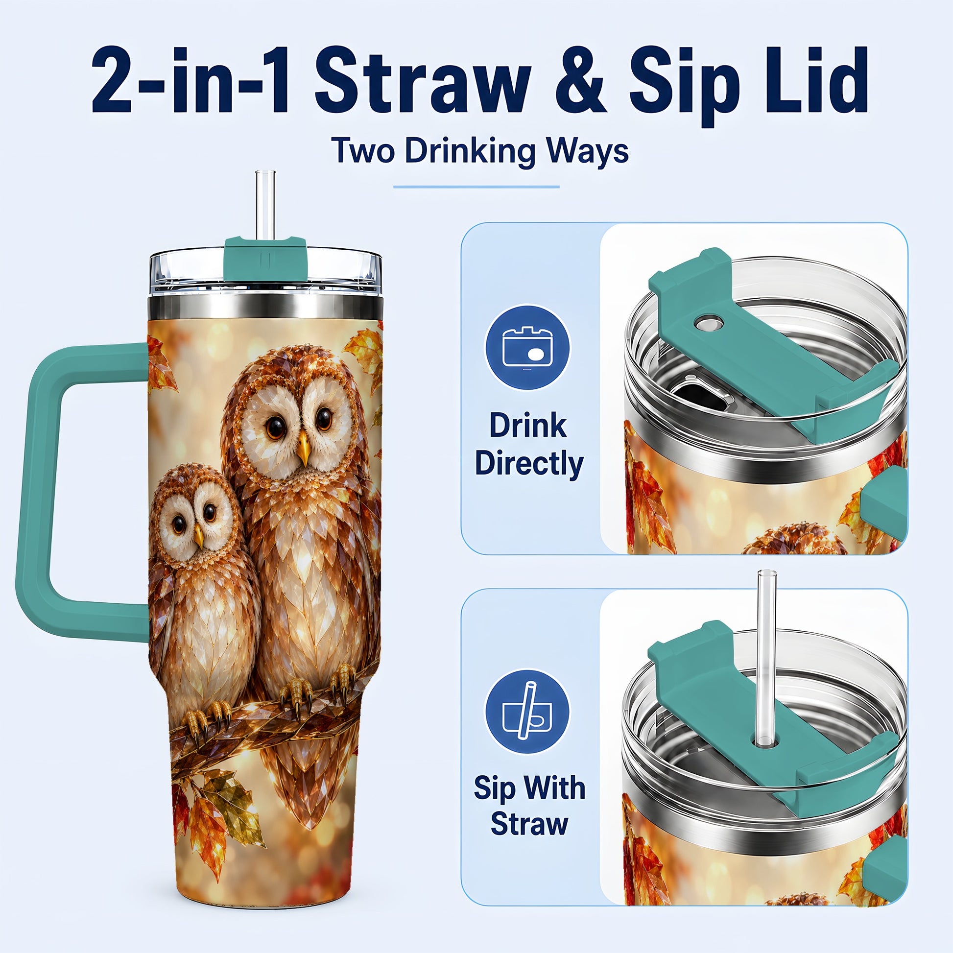 #pl[40oz|Green] Faceted Owl Pair 40oz Tumbler, Owl Tumbler, Stainless Steel Travel Cup