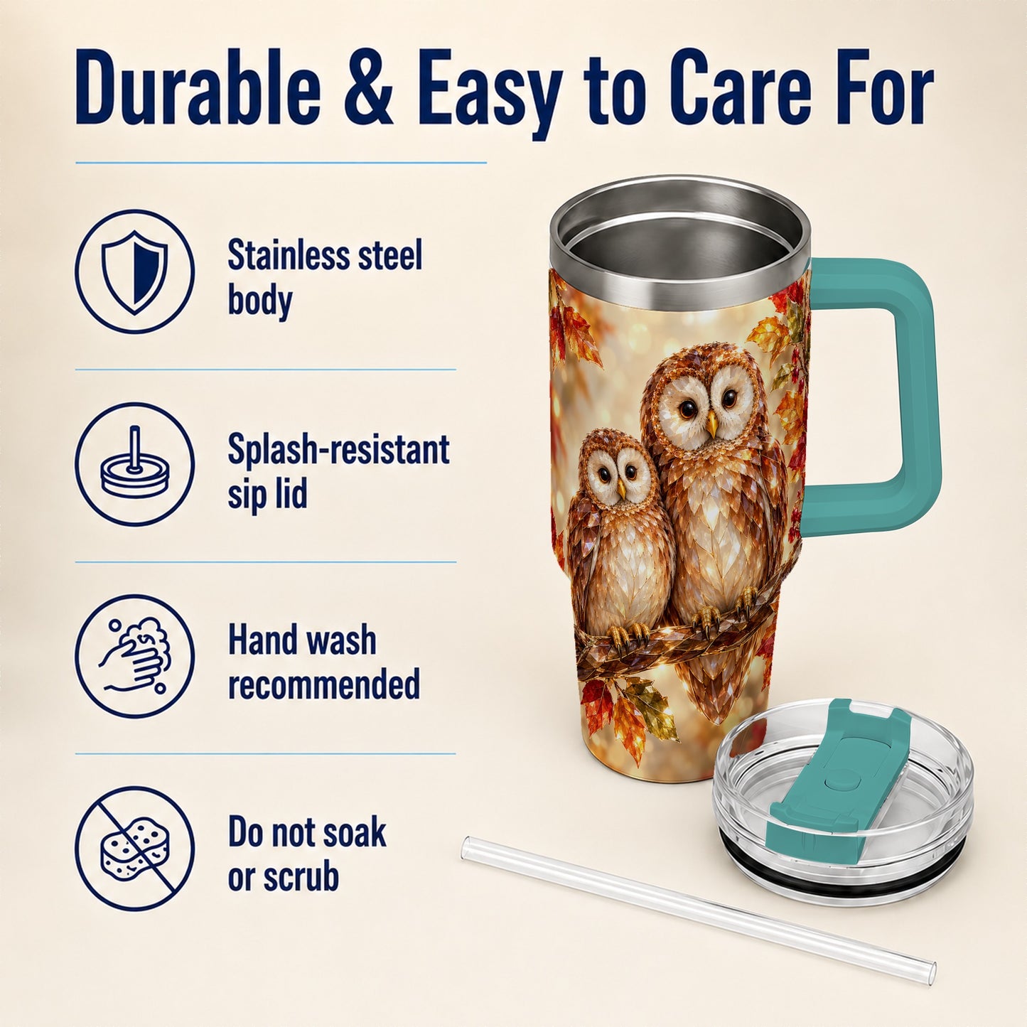 #pl[40oz|Green] Faceted Owl Pair 40oz Tumbler, Owl Tumbler, Stainless Steel Travel Cup