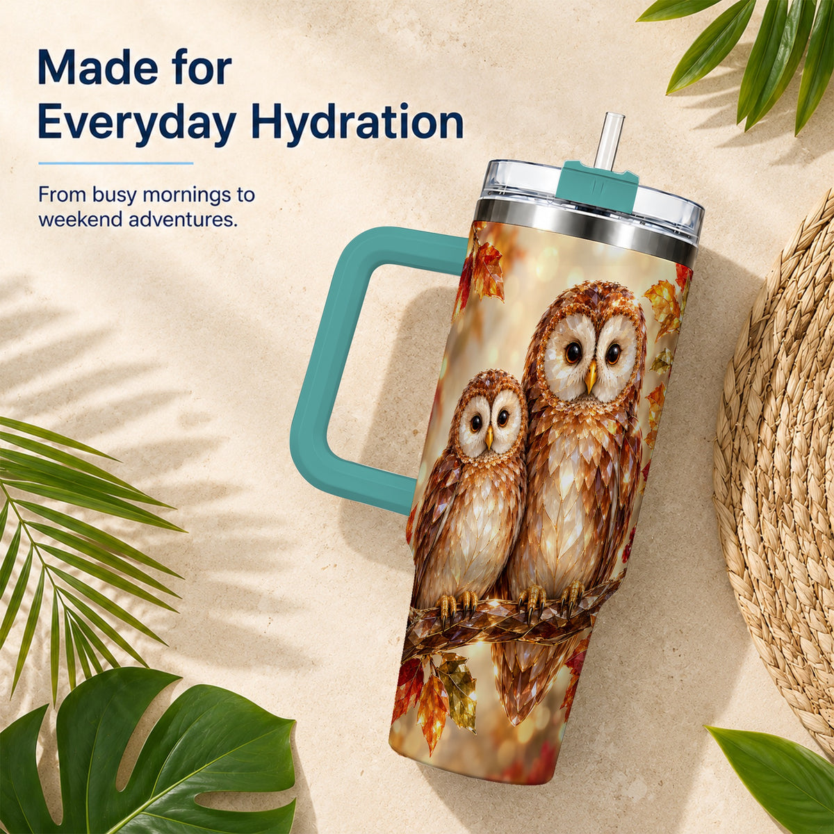#pl[40oz|Green] Faceted Owl Pair 40oz Tumbler, Owl Tumbler, Stainless Steel Travel Cup