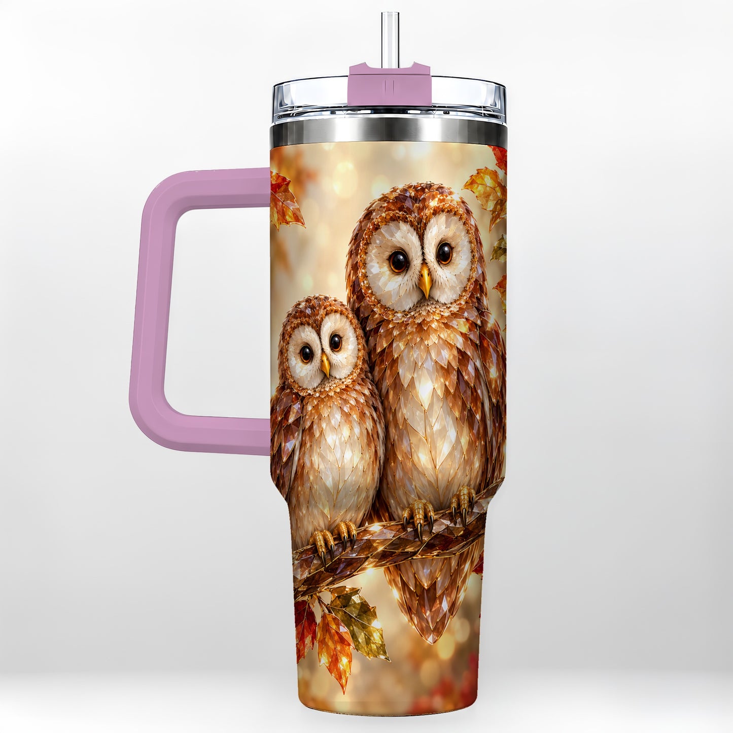 #pl[40oz|Pink] Faceted Owl Pair 40oz Tumbler, Owl Tumbler, Stainless Steel Travel Cup