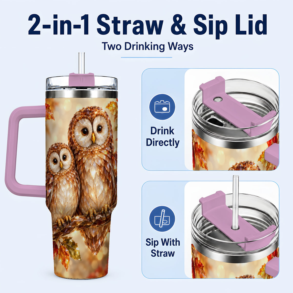 #pl[40oz|Pink] Faceted Owl Pair 40oz Tumbler, Owl Tumbler, Stainless Steel Travel Cup