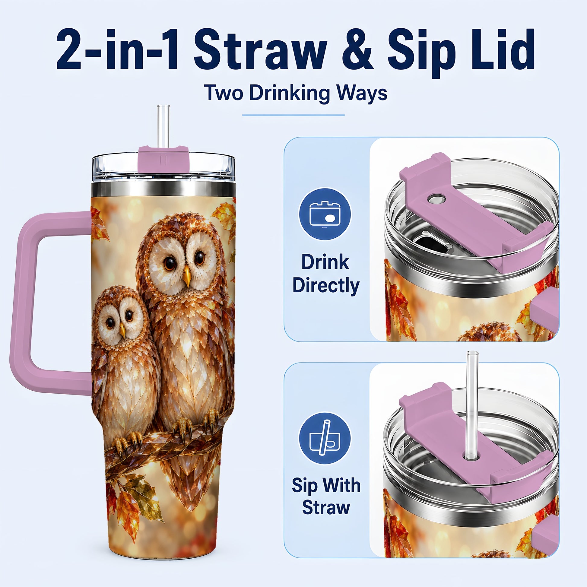 #pl[40oz|Pink] Faceted Owl Pair 40oz Tumbler, Owl Tumbler, Stainless Steel Travel Cup