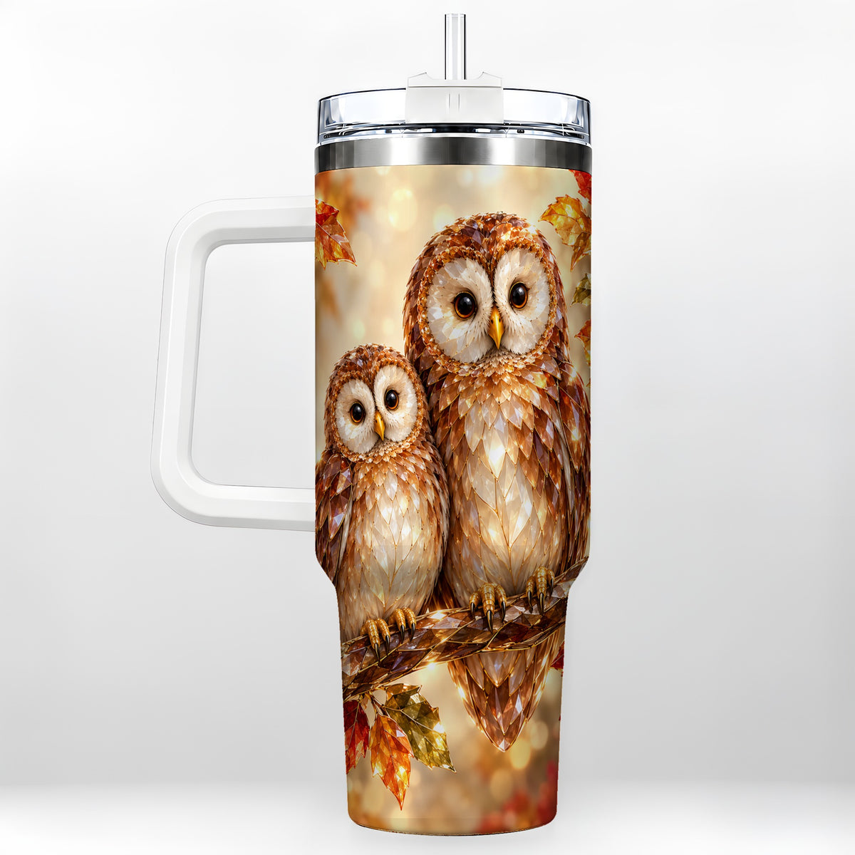 Faceted Owl Pair 40oz Tumbler, Owl Tumbler, Stainless Steel Travel Cup