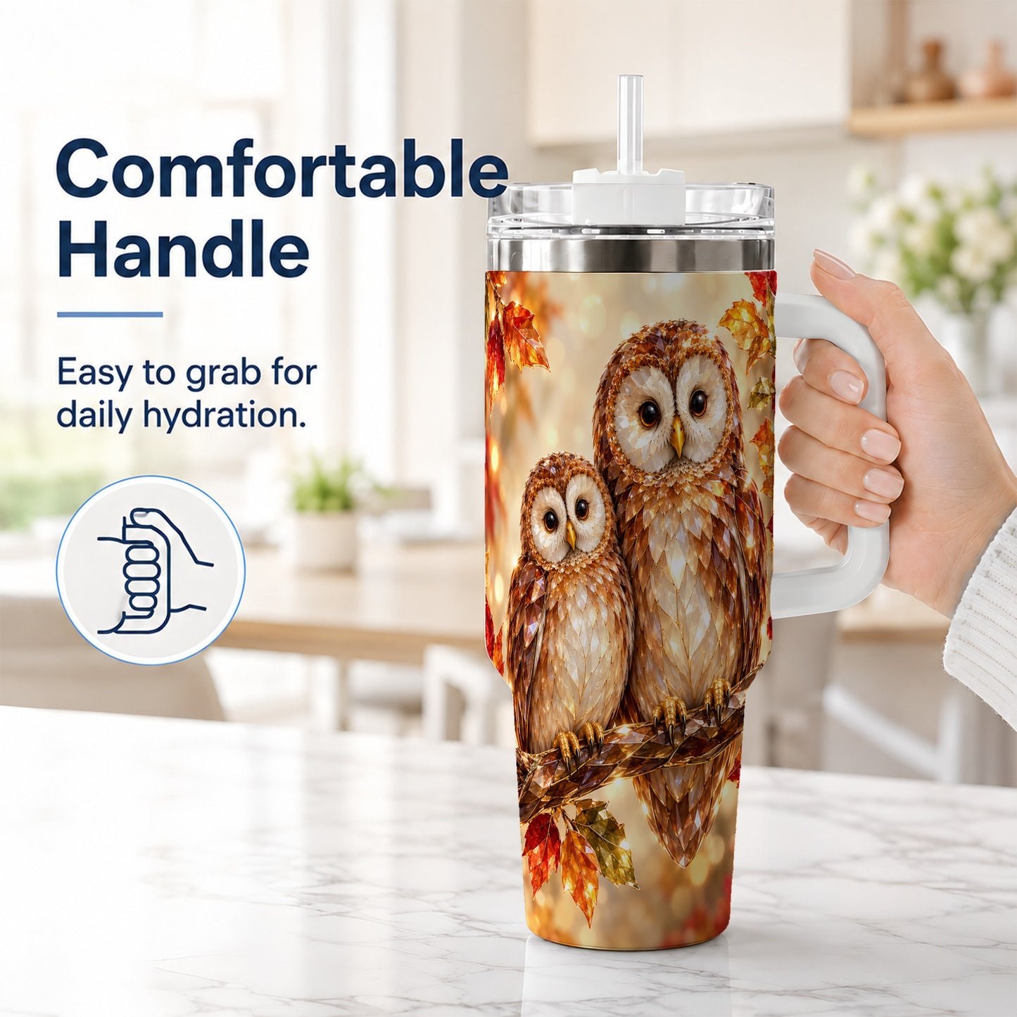 #pl[40oz|White] Faceted Owl Pair 40oz Tumbler, Owl Tumbler, Stainless Steel Travel Cup