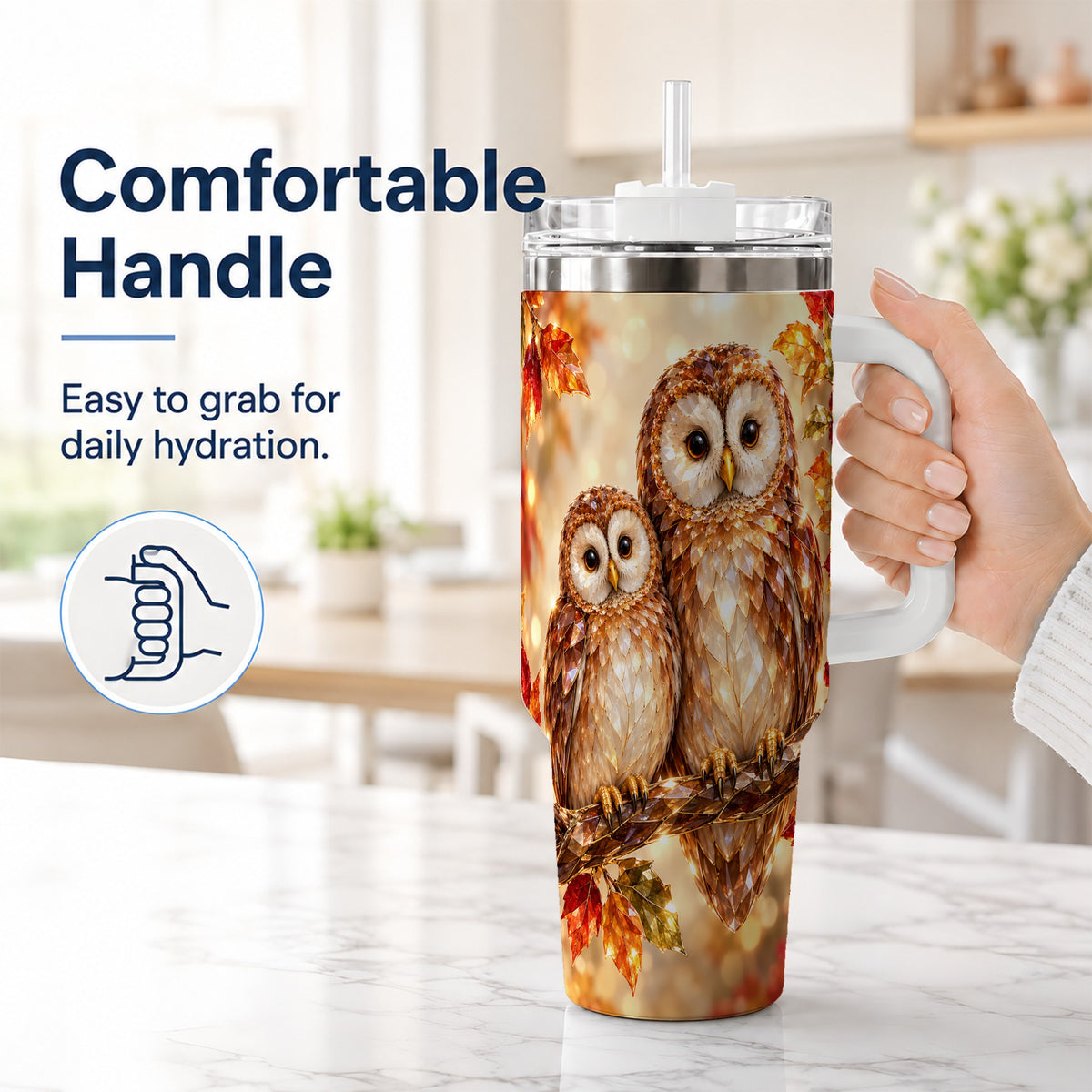 #pl[40oz|White] Faceted Owl Pair 40oz Tumbler, Owl Tumbler, Stainless Steel Travel Cup