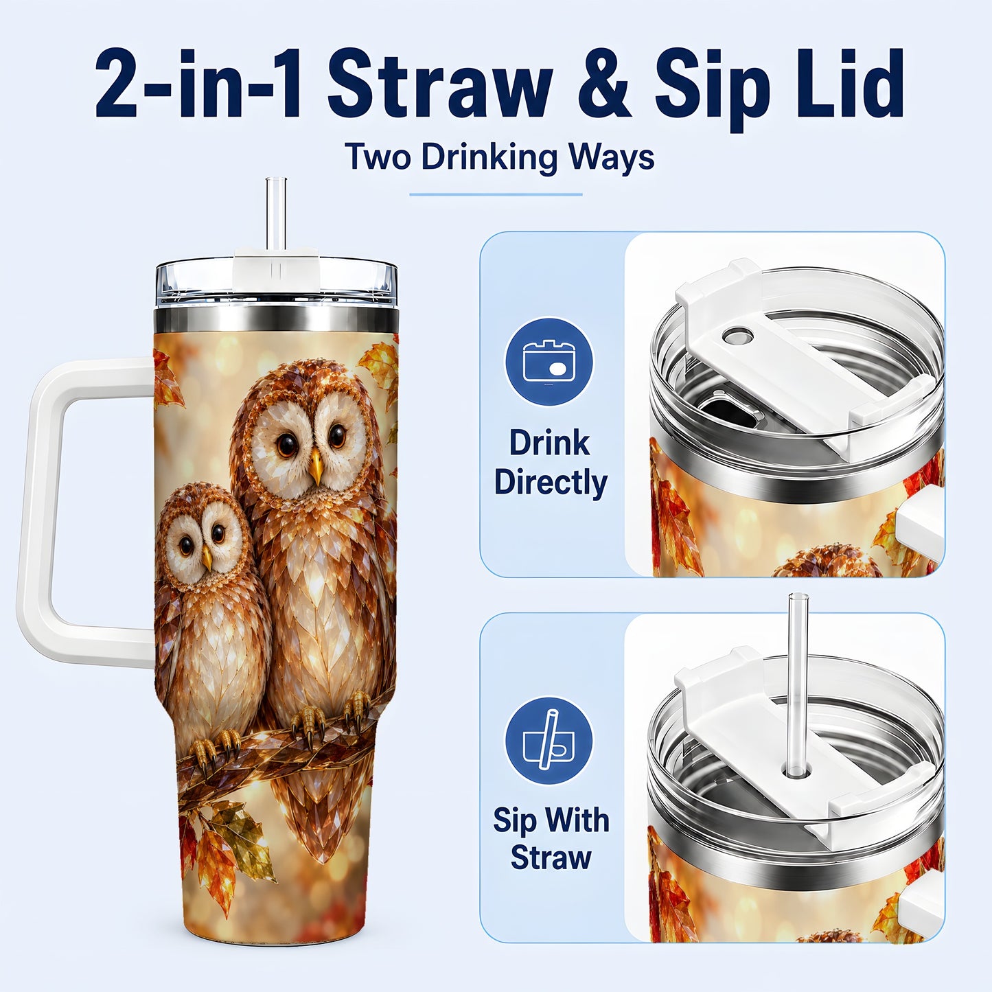 #pl[40oz|White] Faceted Owl Pair 40oz Tumbler, Owl Tumbler, Stainless Steel Travel Cup